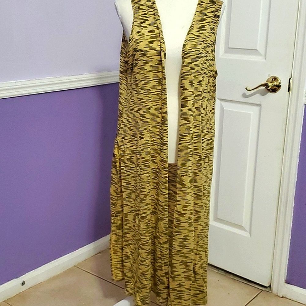 Boho Trendy Lagenlook Mustard Green Sleeveless Longline Duster Open Cardigan M